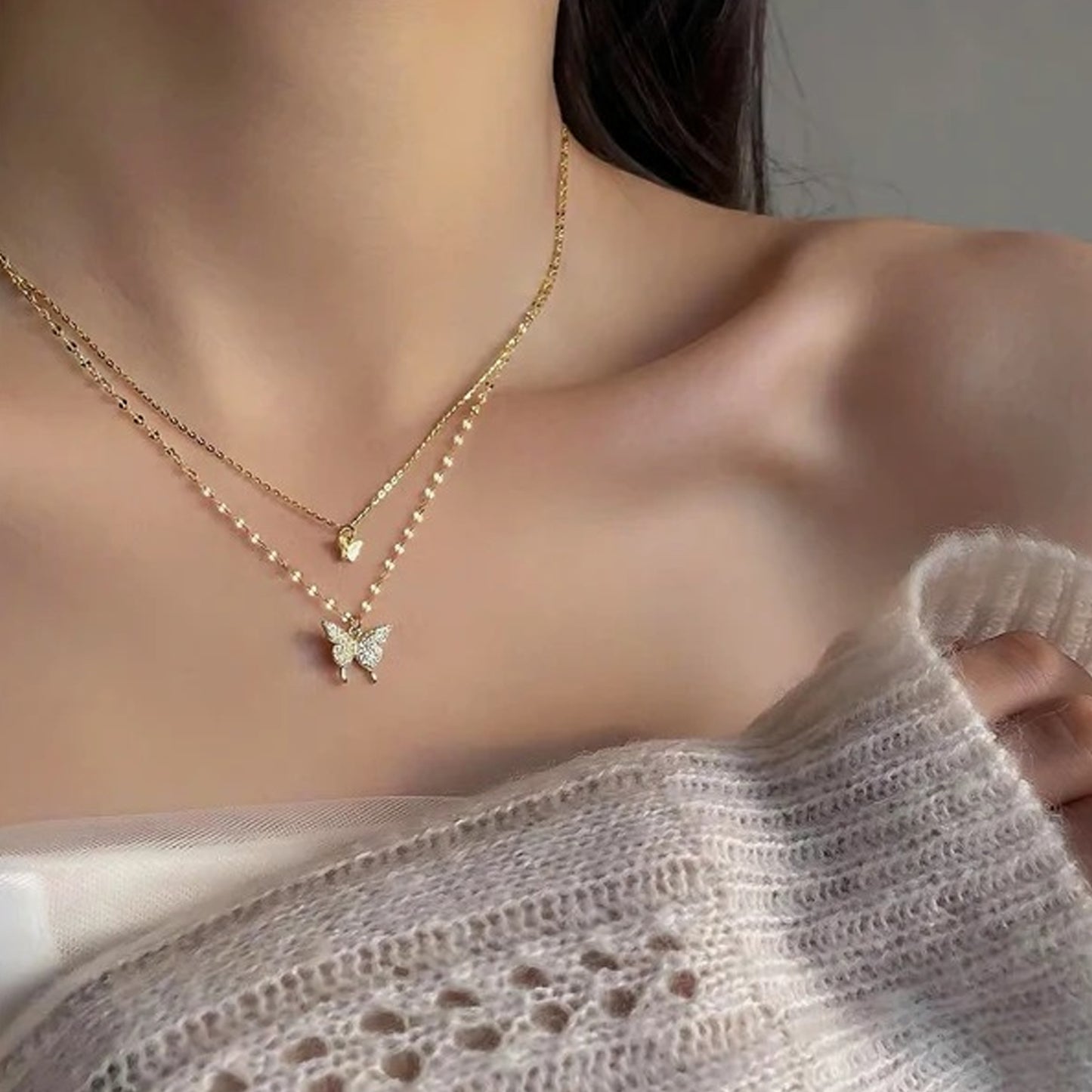 Butterfly Layered Necklace (Material: Alloy)