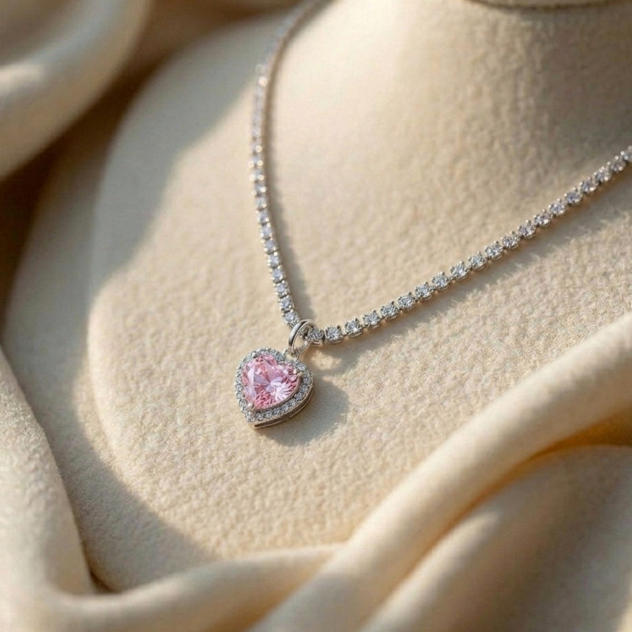 Pink heart stone necklace (Not anti-tarnish)