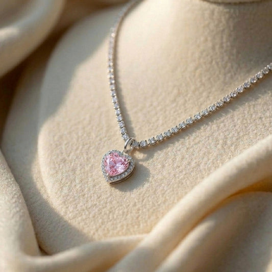 Pink heart stone necklace (Not anti-tarnish)