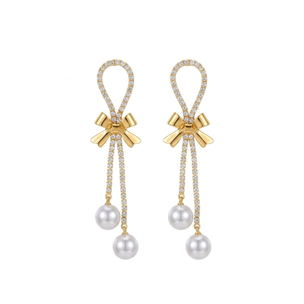 Stone-chain bowknot Pearl Earring