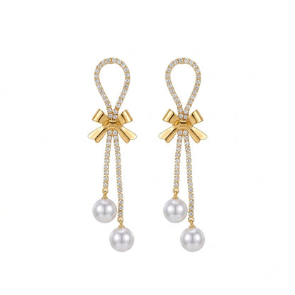 Stone-chain bowknot Pearl Earring
