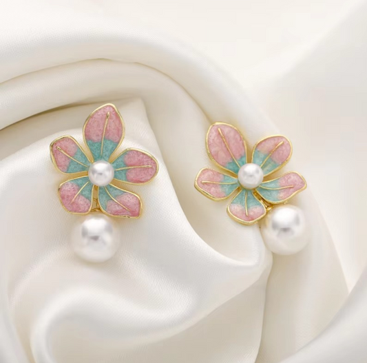 Pastel Flower Earrings with Pearl Drops